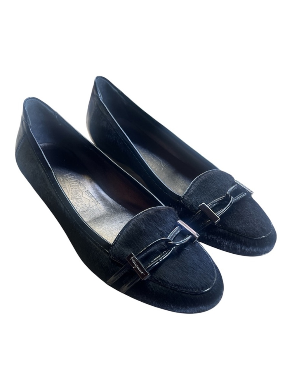 Salvatore Ferragamo Black Calf-Hair Bit Loafers with Patent Accents Stunning